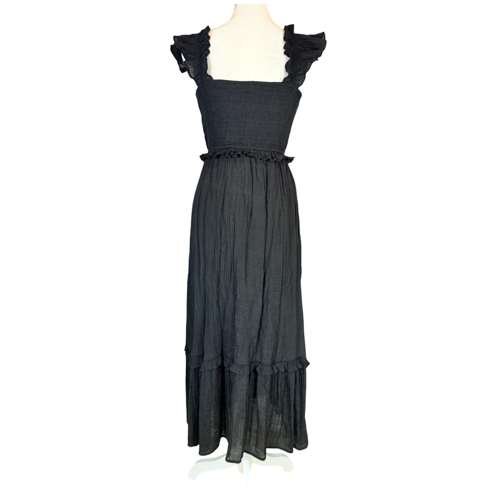 By The River black Midi Sleeveless Smocked Gauze Dress Cottagecore Sun Dress - Picture 3 of 7
